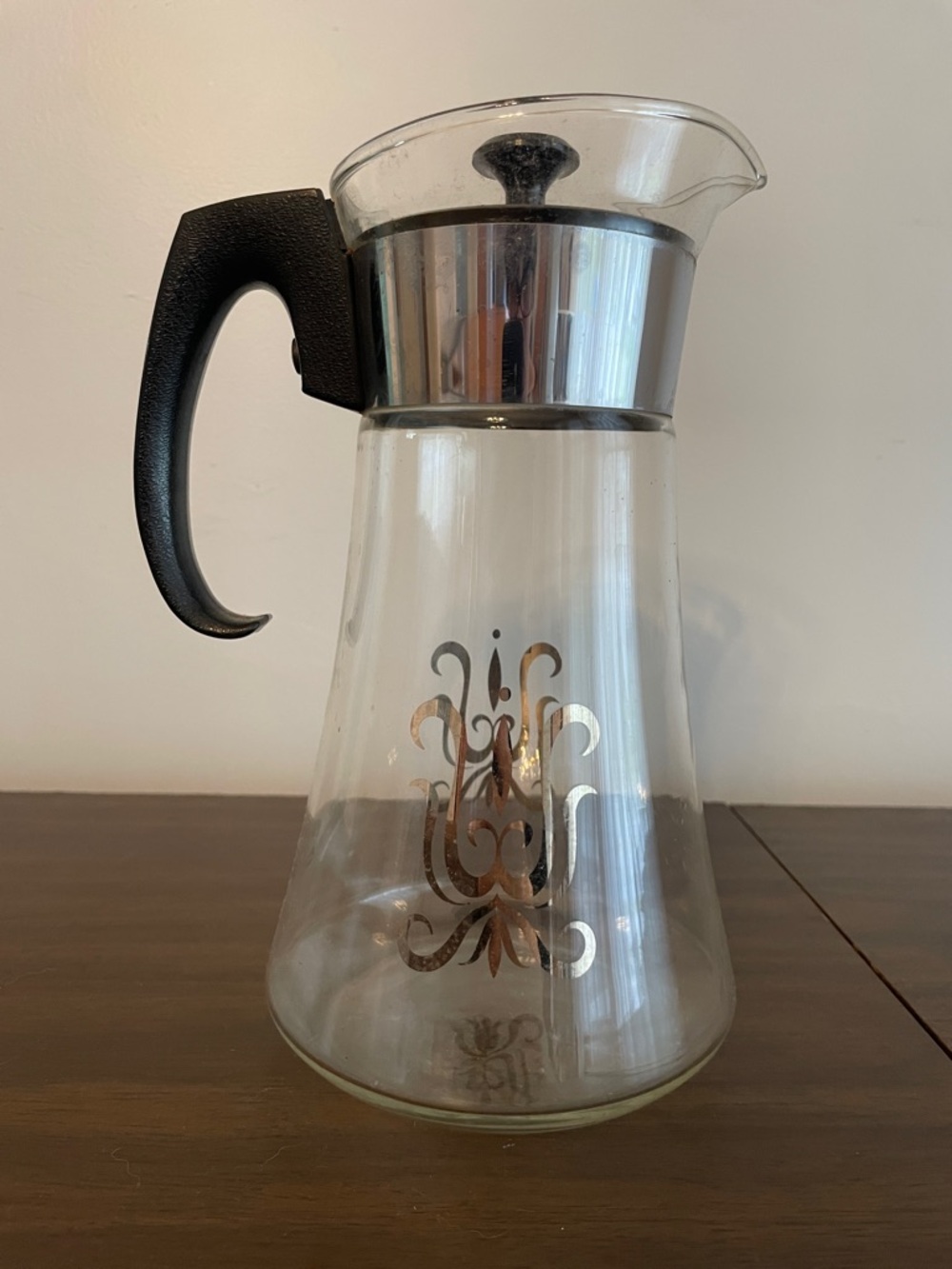 Vintage Pyrex Glass Pitcher with Silver Fleur de Lis